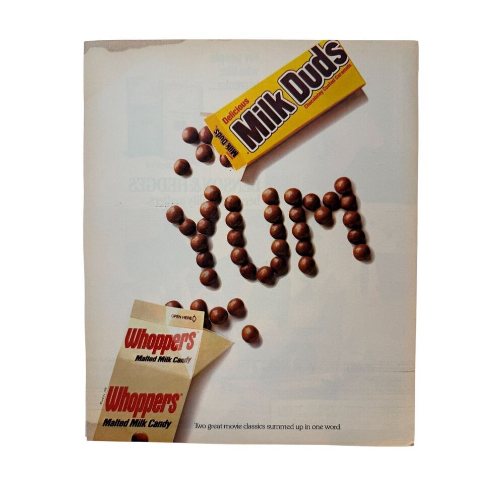 Vintage 1988 Milk Duds Whoppers Movie Candy Advertisement Print Ad READ
